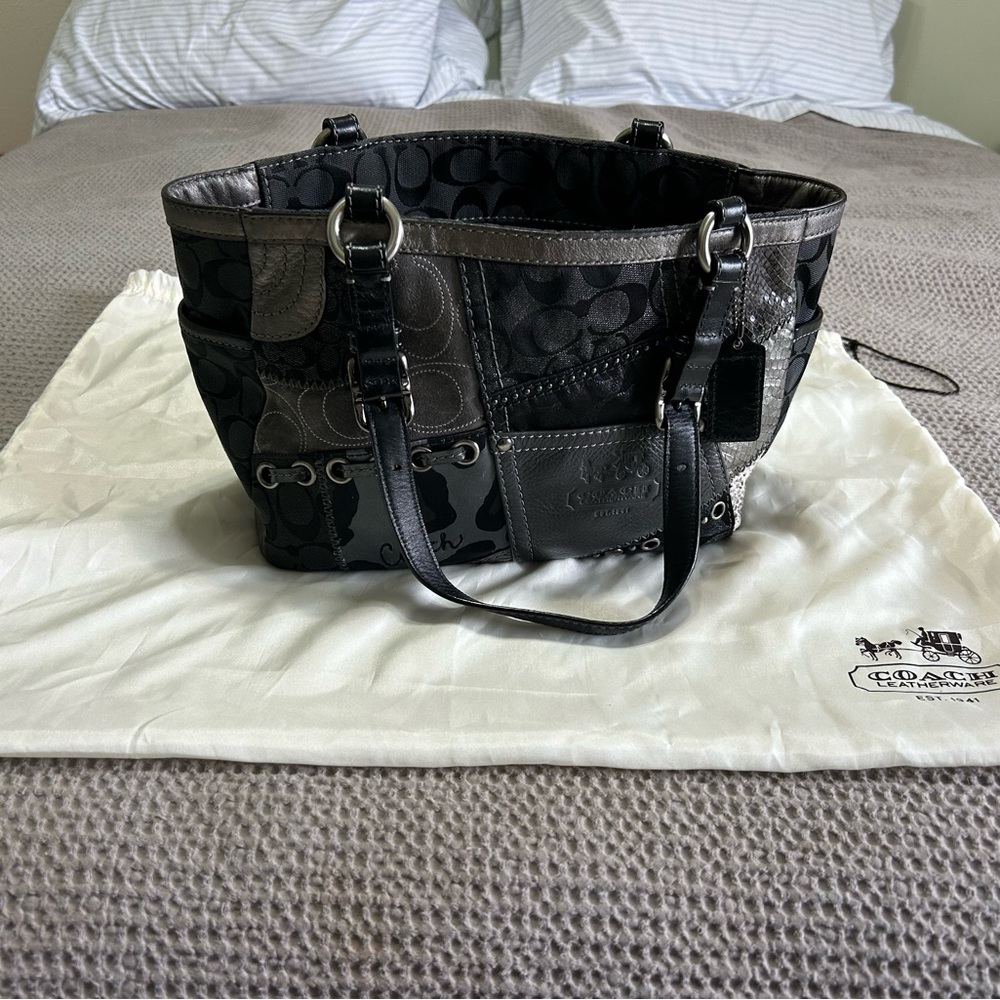 Coach Black Patchwork Signature Tote with Silver Hardware